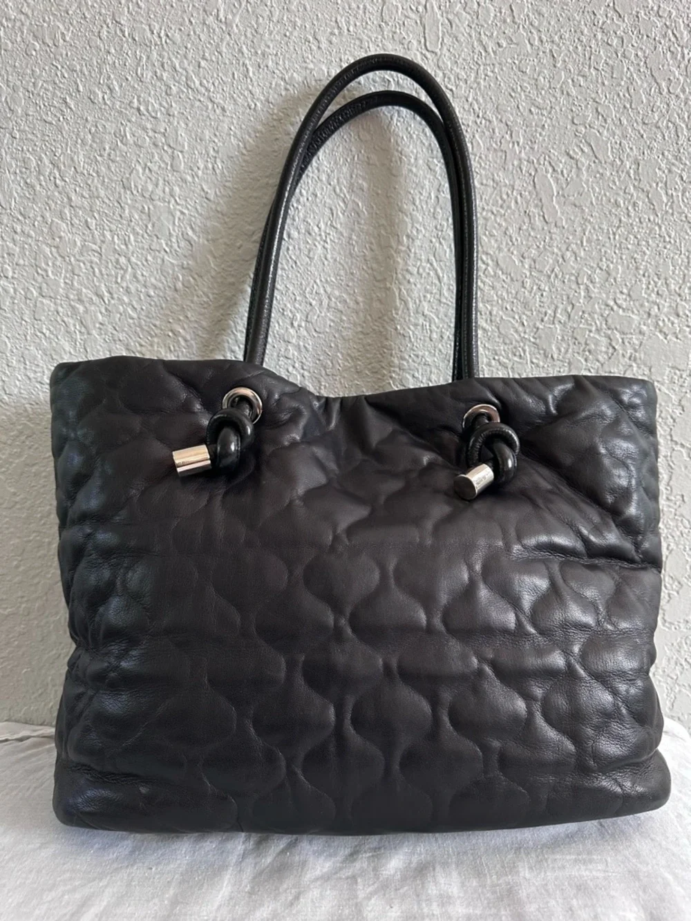 Lisa Conte Italy Black Leather Slouch Tote Bag Quilted Puffer Knot Handle Large